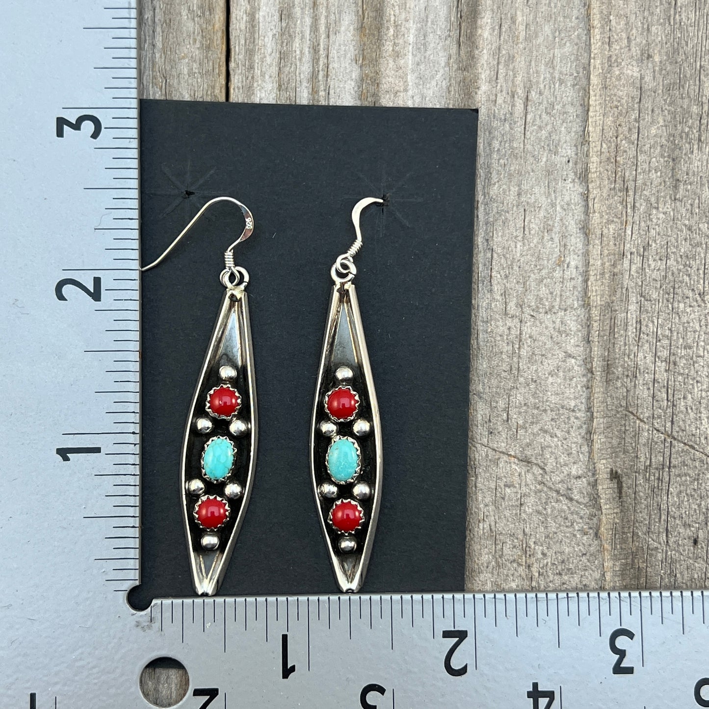 Long slender Turquoise Red Coral Earrings Navajo handmade by Paul Largo sterling silver 663