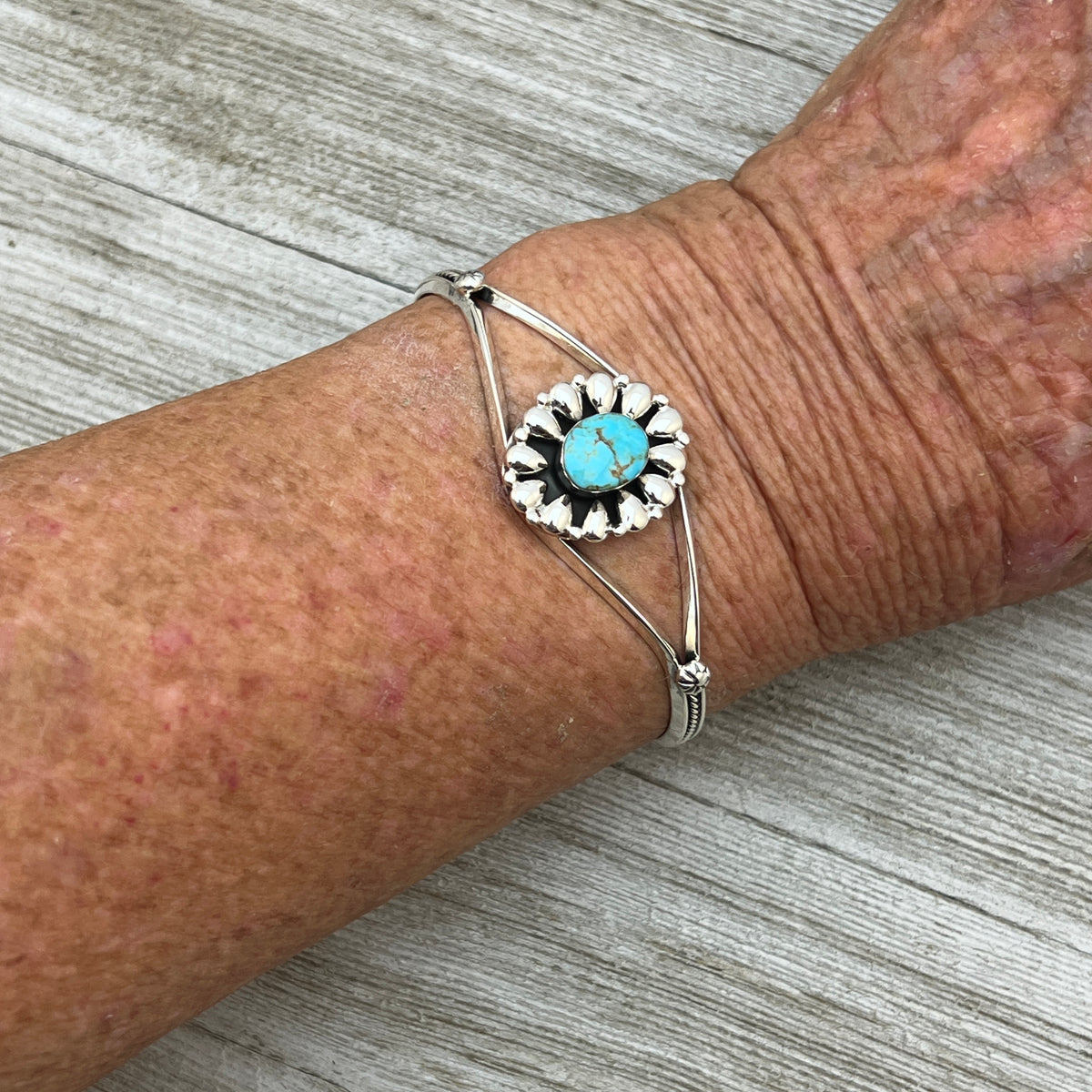 6 1/2" Stamped Navajo sterling silver turquoise cuff bracelet BR61