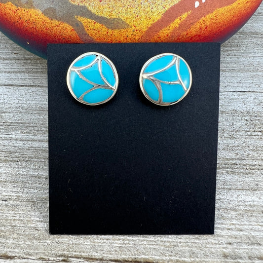 Zuni inlay turquoise fish scale design #3, small round stud earrings, sterling silver, Orena Leekya