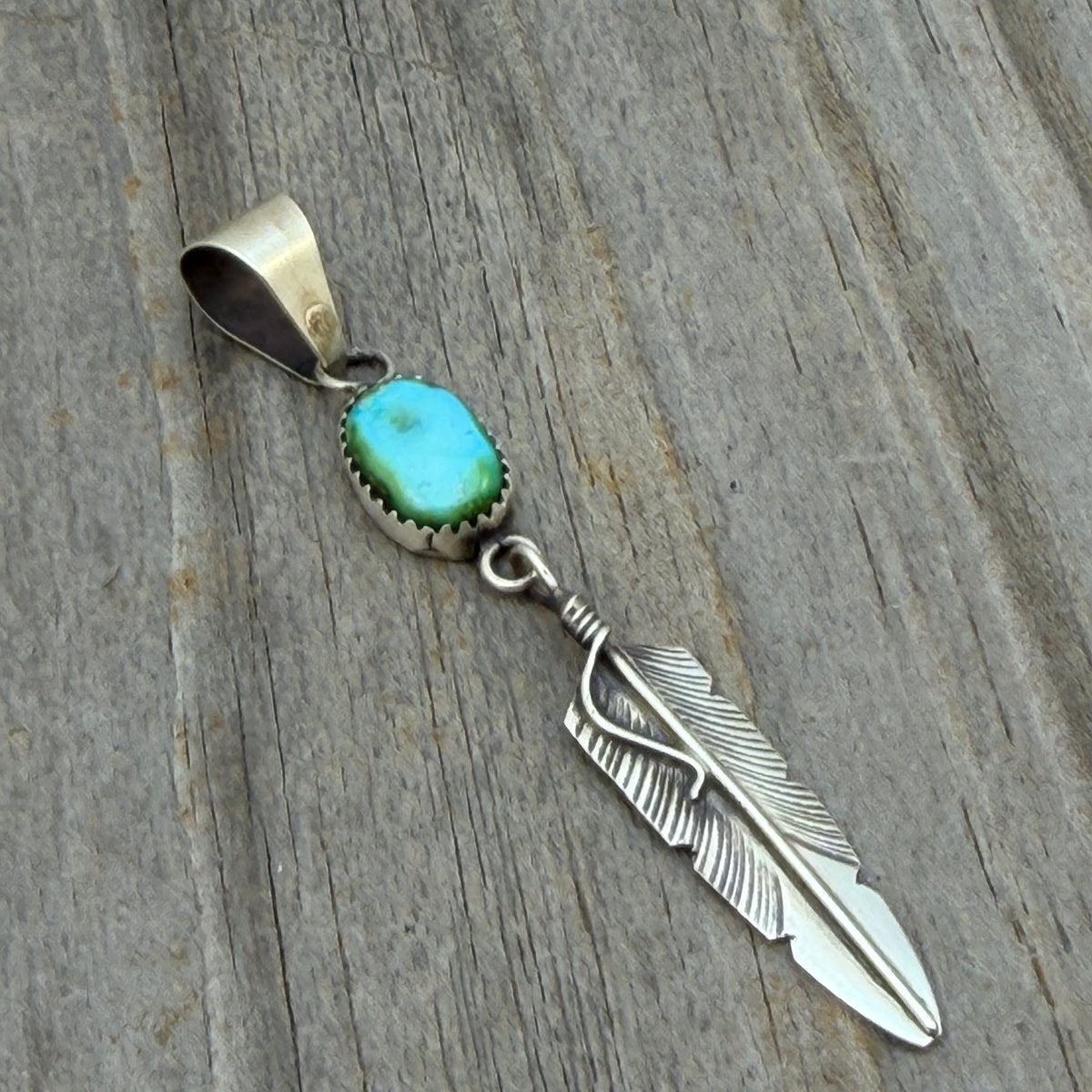 Blue Sonoran Turquoise sterling silver Feather Pendant Chris Charley Navajo PD6