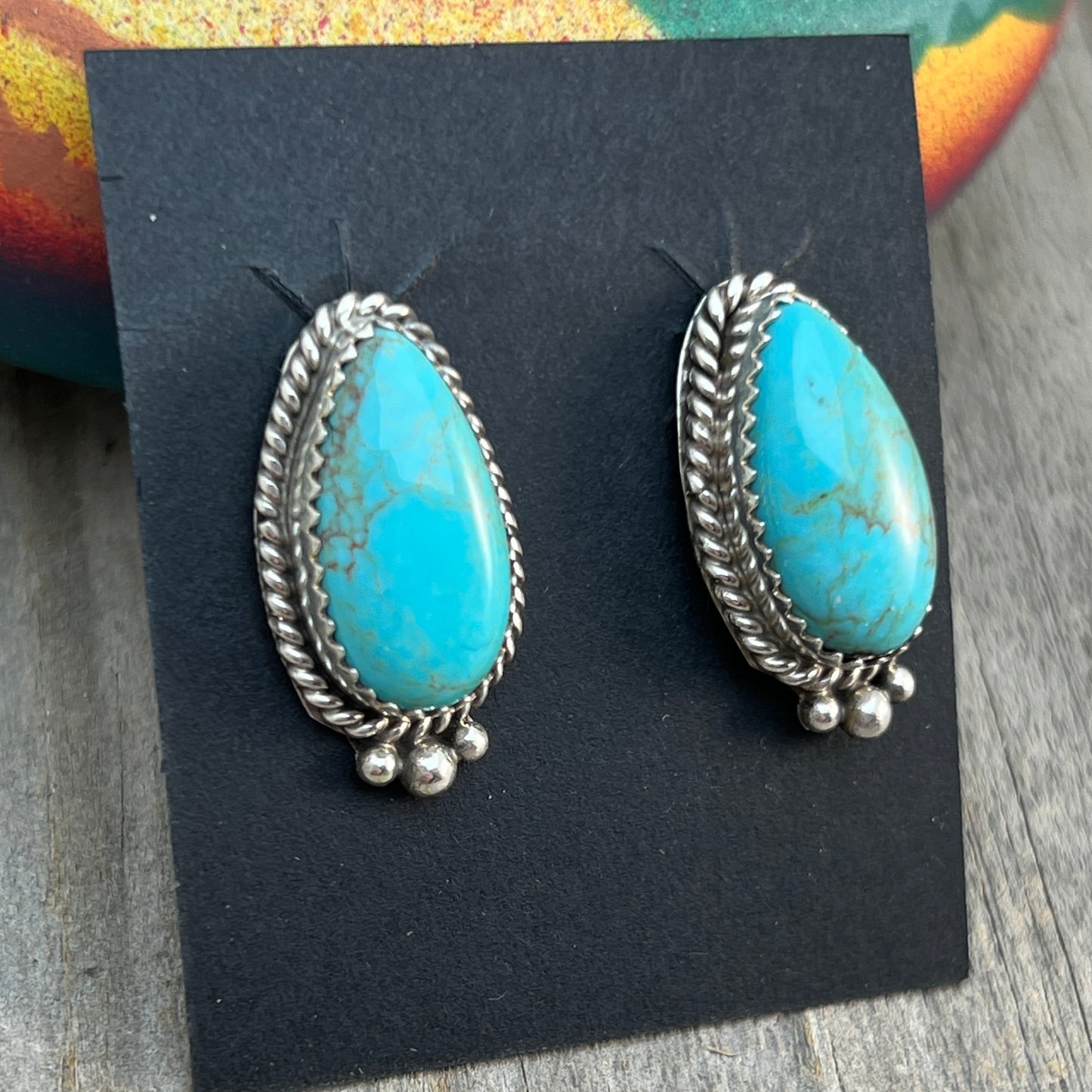 Blue Kingman Turquoise Teardrop stud earrings sterling silver Theresa Smith Navajo 717