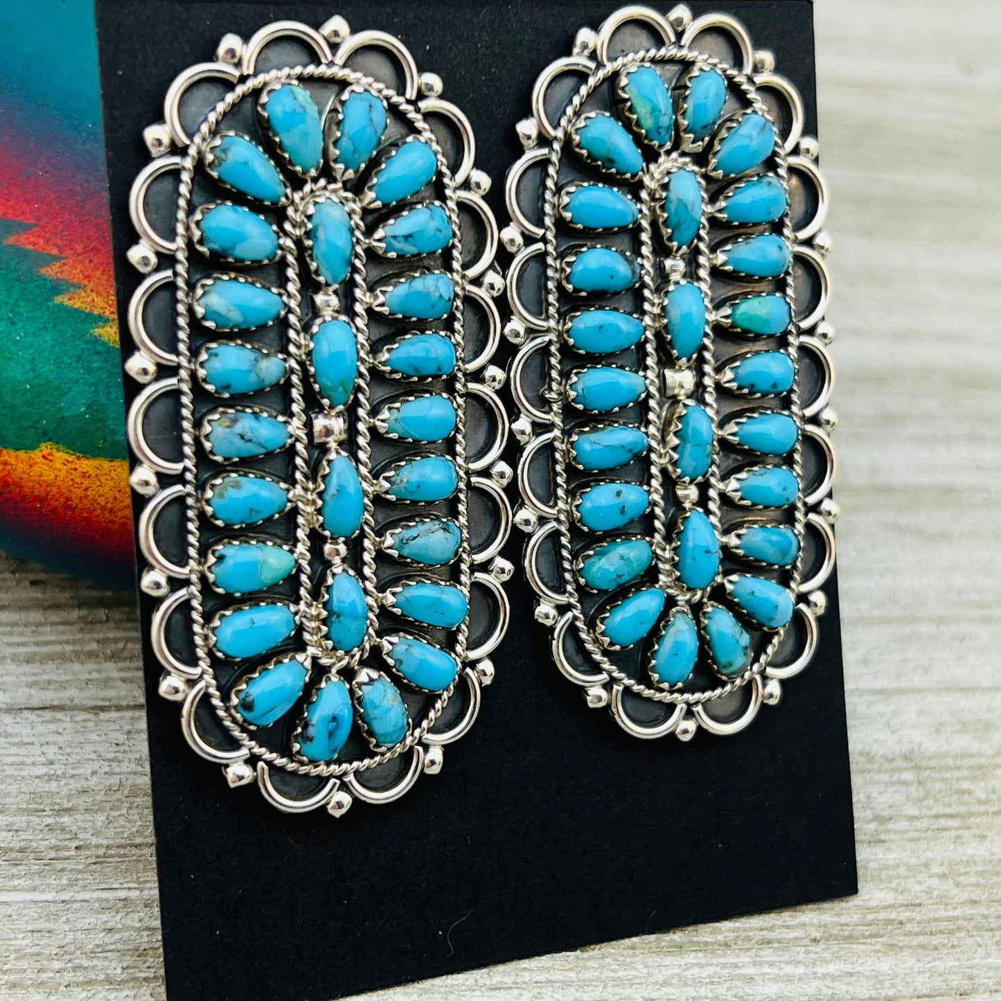 Turquoise Petit Point Large Oval Cluster Earrings Gerald Mitchell signed Sterling silver ER3
