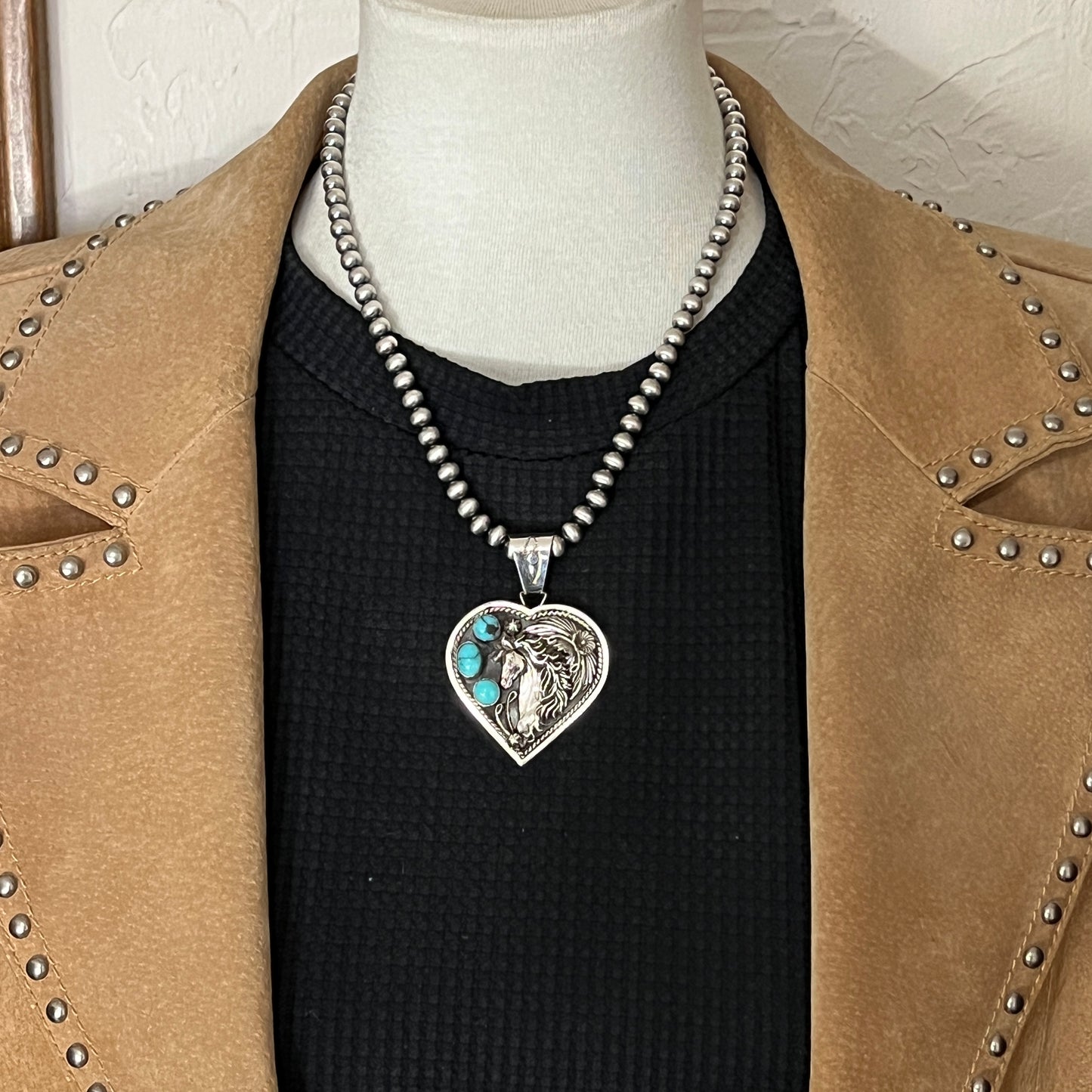 Blue Kingman turquoise horse heart pendant sterling silver Jennifer Cayaditto Navajo 816