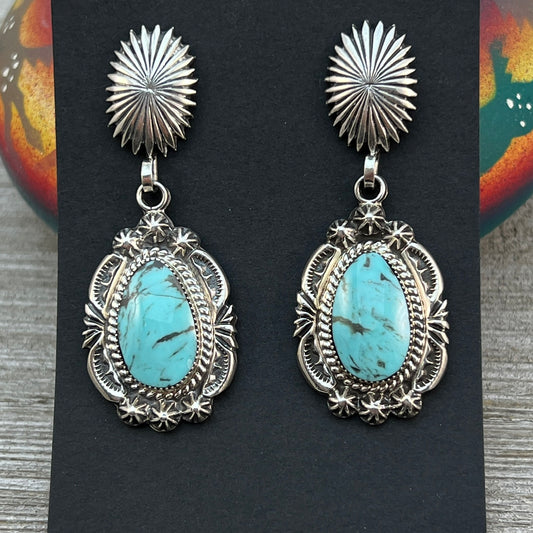 Gorgeous Blue Turquoise Drop Earrings, Navajo handmade sterling silver Angie Platero