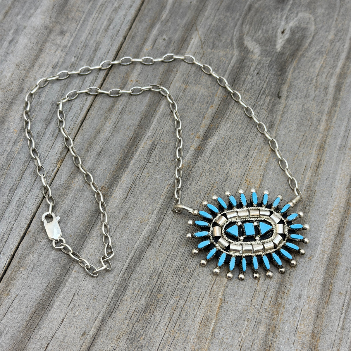 Turquoise Needlepoint cluster medallion necklace Evonne Hustito Zuni Sterling Silver