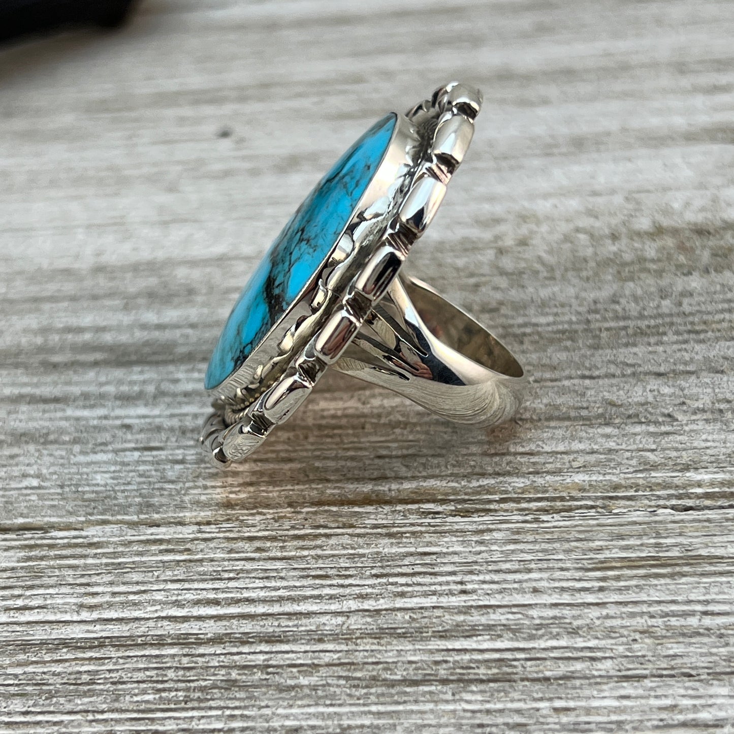 Size 7 Large stone Blue Kingman turquoise statement ring Sterling silver Navajo handmade