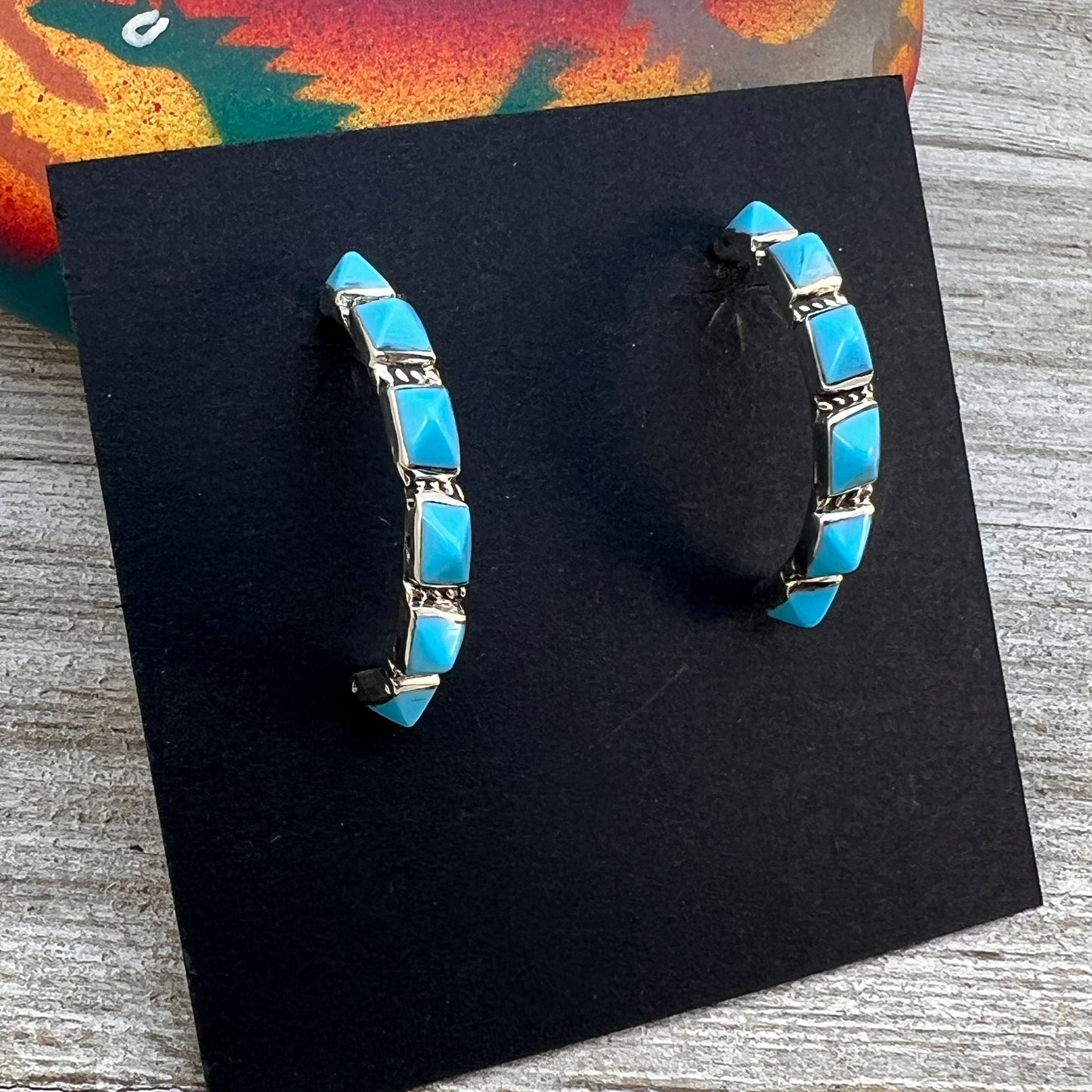 modern spike turquoise hoop earrings, Zuni Martin Chavez, sterling silver