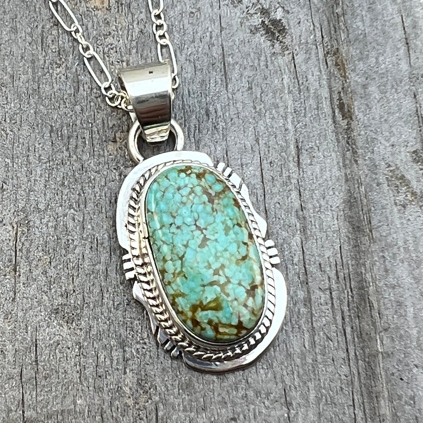 18" Sterling silver #8 Spiderweb turquoise necklace pendant Lucy Valencia Navajo 621