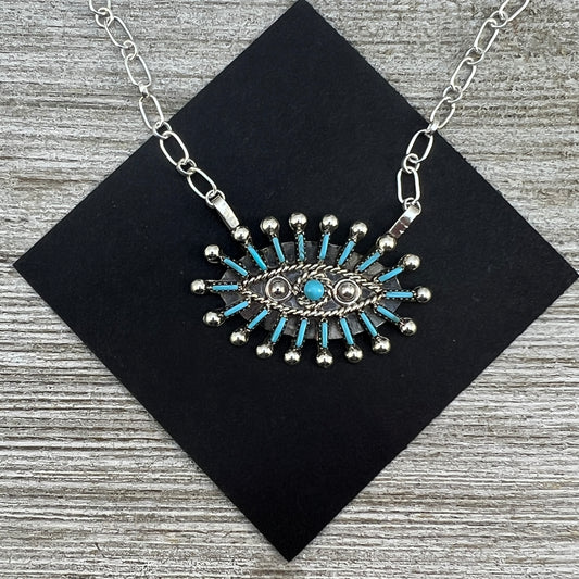 19" Zuni Needlepoint Turquoise Sterling silver handmade Bar Necklace Philander Gia