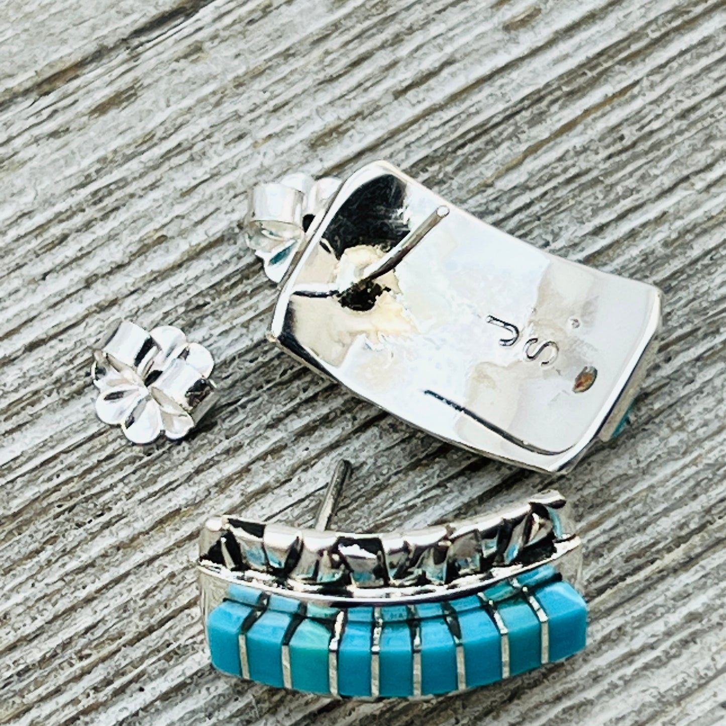 Small modern Turquoise inlay semi - hoop earrings Janelle Shebola Zuni Sterling silver ER42