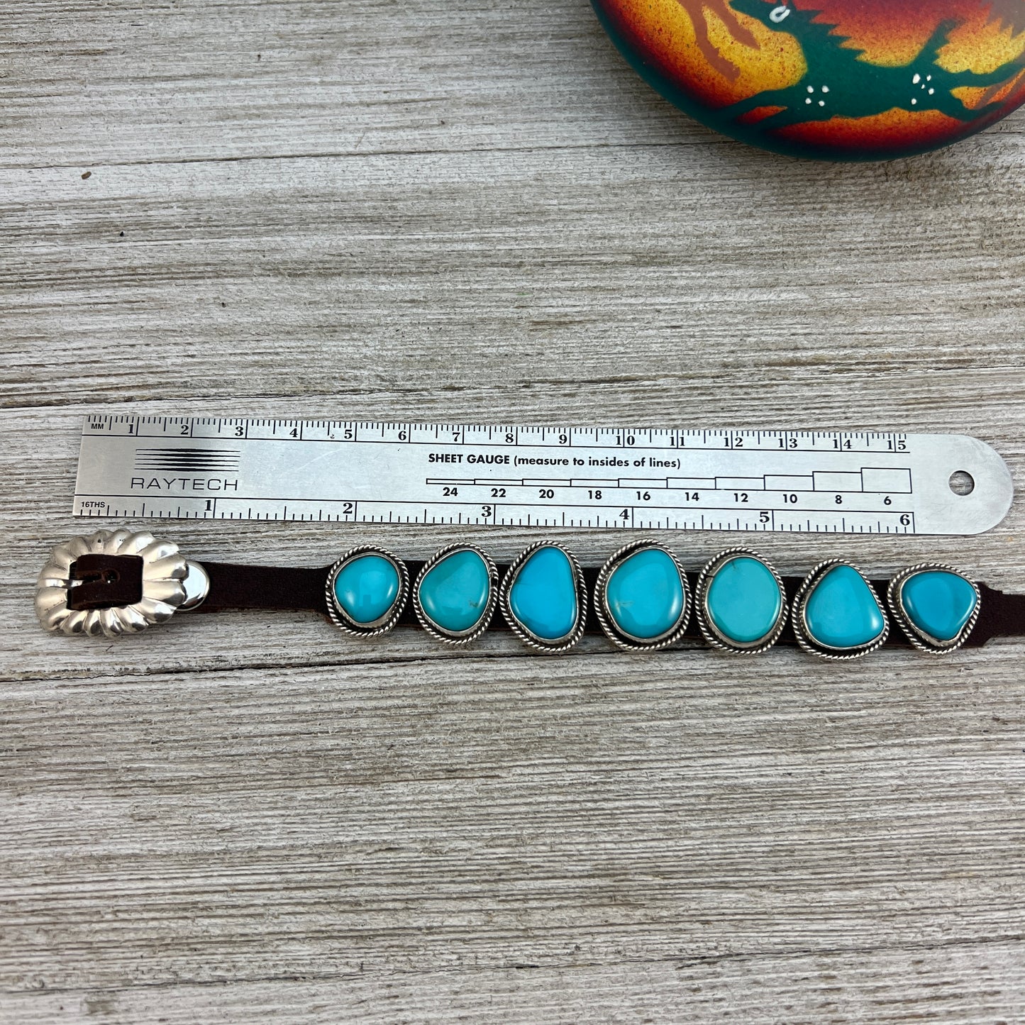 Real Turquoise leather Sterling silver bracelet #3, adjustable Navajo Marlene Ramone