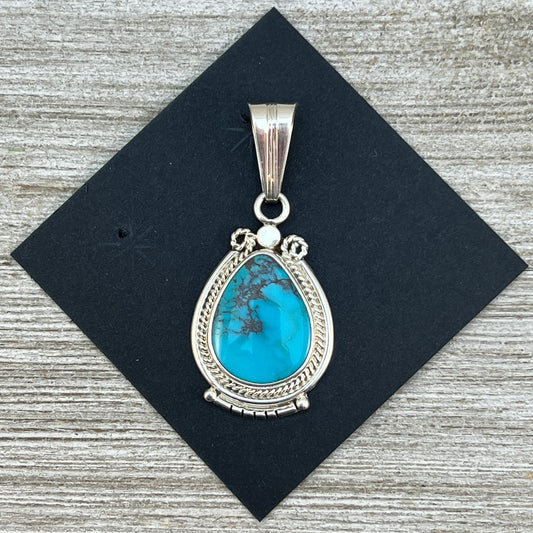 Kingman Turquoise, sterling silver  pendant #1, Navajo Handmade by Samuel Yellowhair, signed