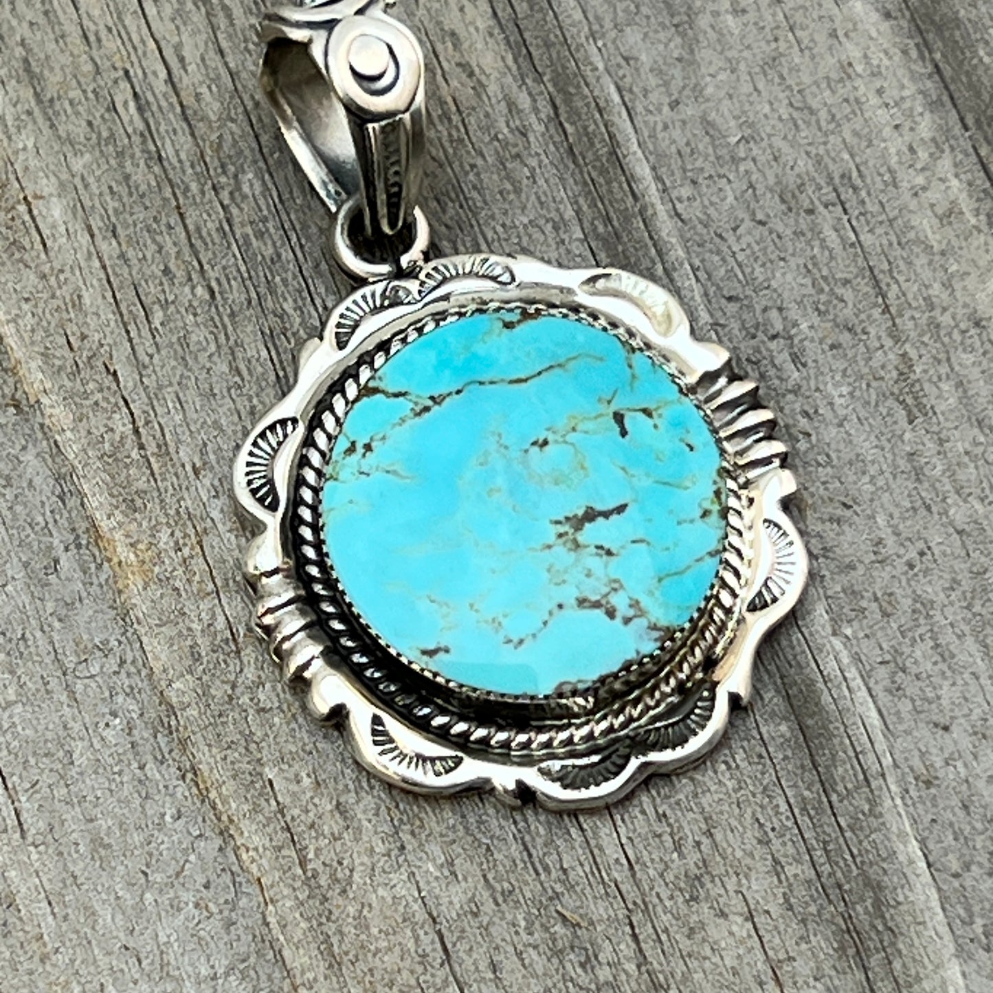 Kingman Turquoise Pendant Sterling silver Navajo handmade Jeremy Delgarito 762