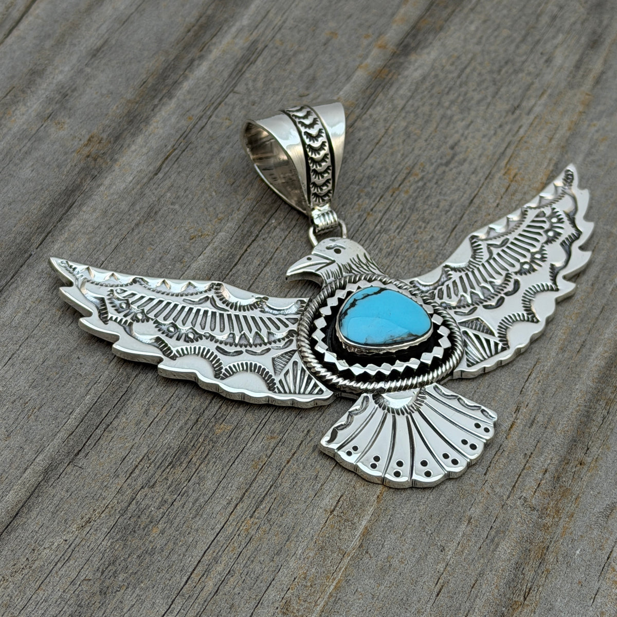 Turquoise Thunderbird Pendant hand stamped Jeremy Delgarito Navajo PD10