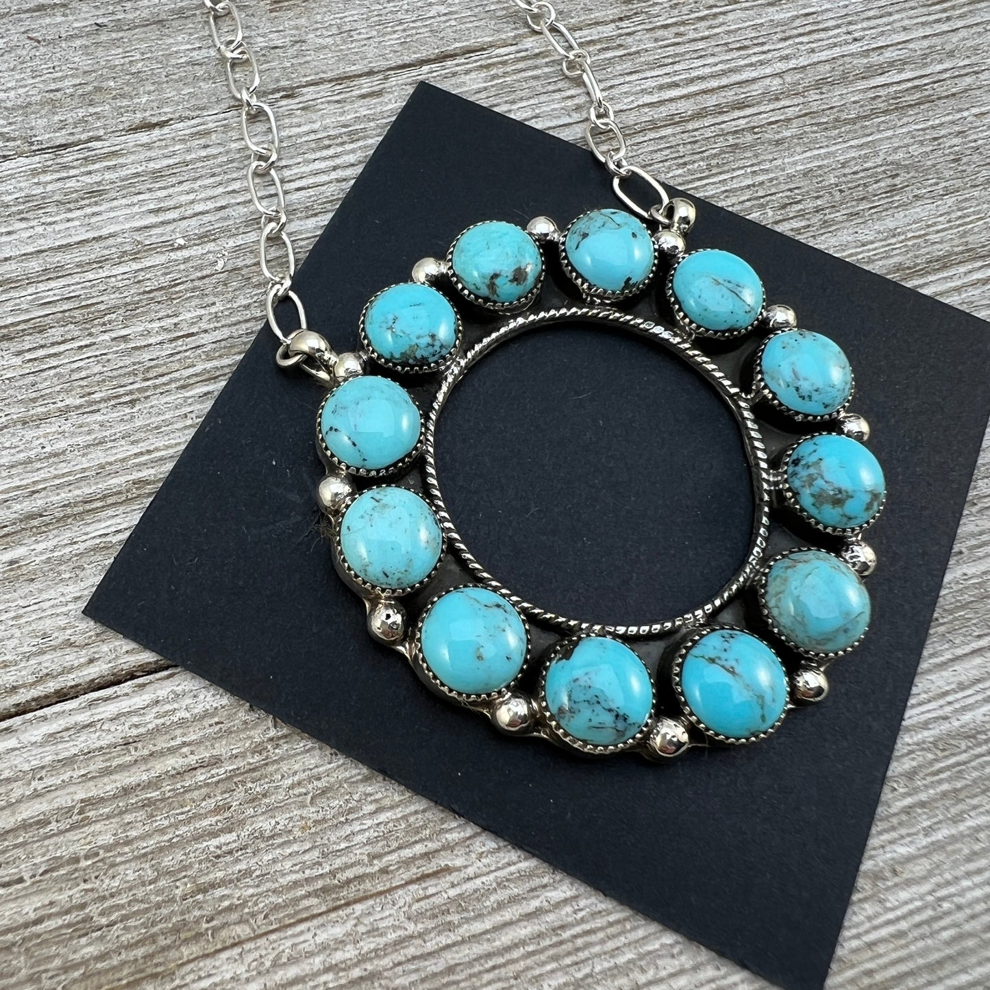 Kingman turquoise eternity open circle multi stone necklace 21", Navajo handmade Loretta Delgarito, sterling silver