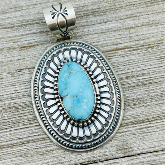 Natural Egyptian Light Blue Turquoise Stamped concho pendant Arnold Blackgoat Sterling silver