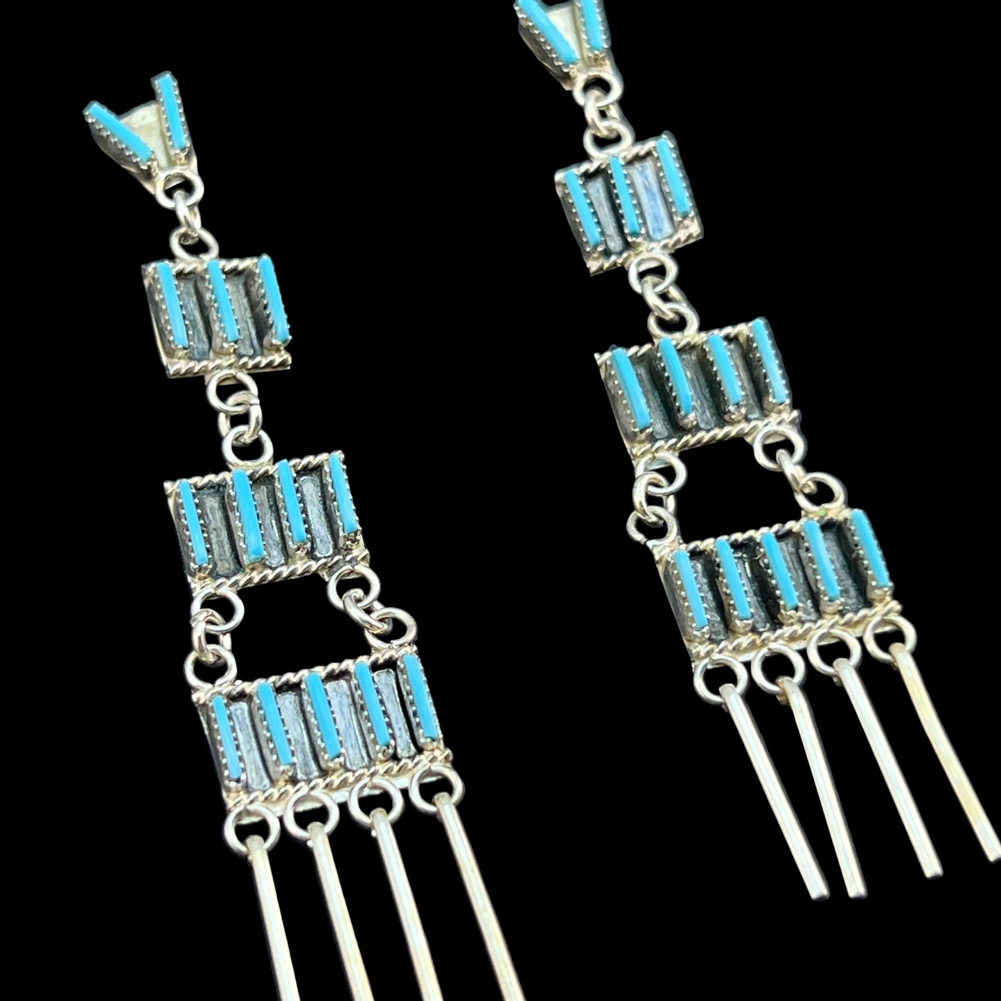 2 3/4" Zuni Turquoise Needlepoint Chandelier Dangle Earrings Ashley Laate Sterling 832