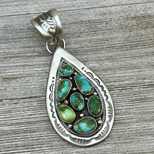 Sonoran Gold Turquoise Cluster Teardrop Pendant #6 Sterling silver Navajo Samuel Yellowhair