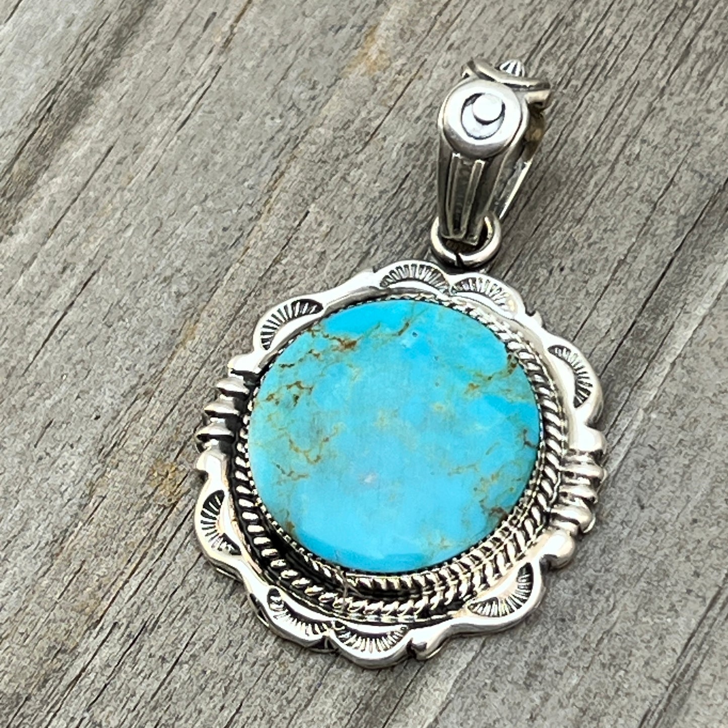 Kingman Turquoise Pendant Sterling silver Navajo handmade Jeremy Delgarito 760