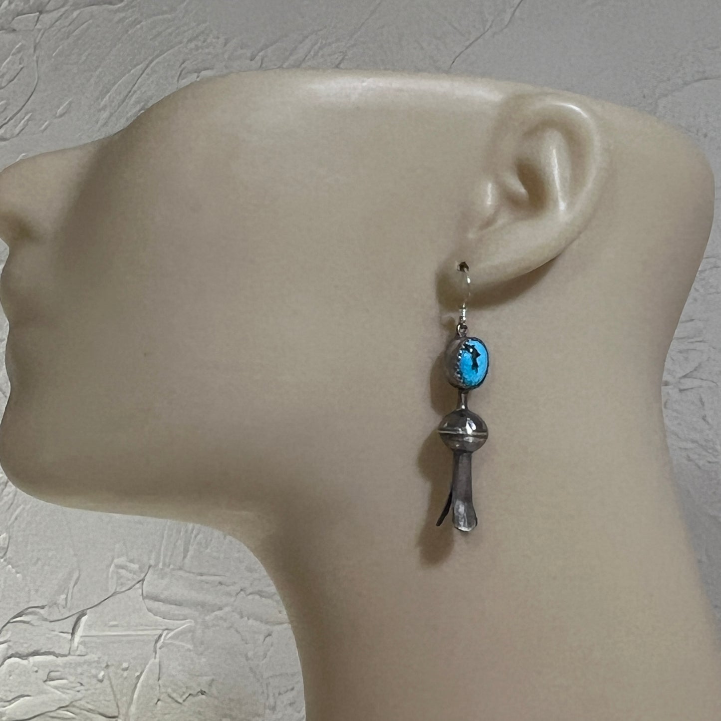 Squash Blossom Earrings Turquoise Sterling Silver oxidized rustic finish, Emily Tsosie