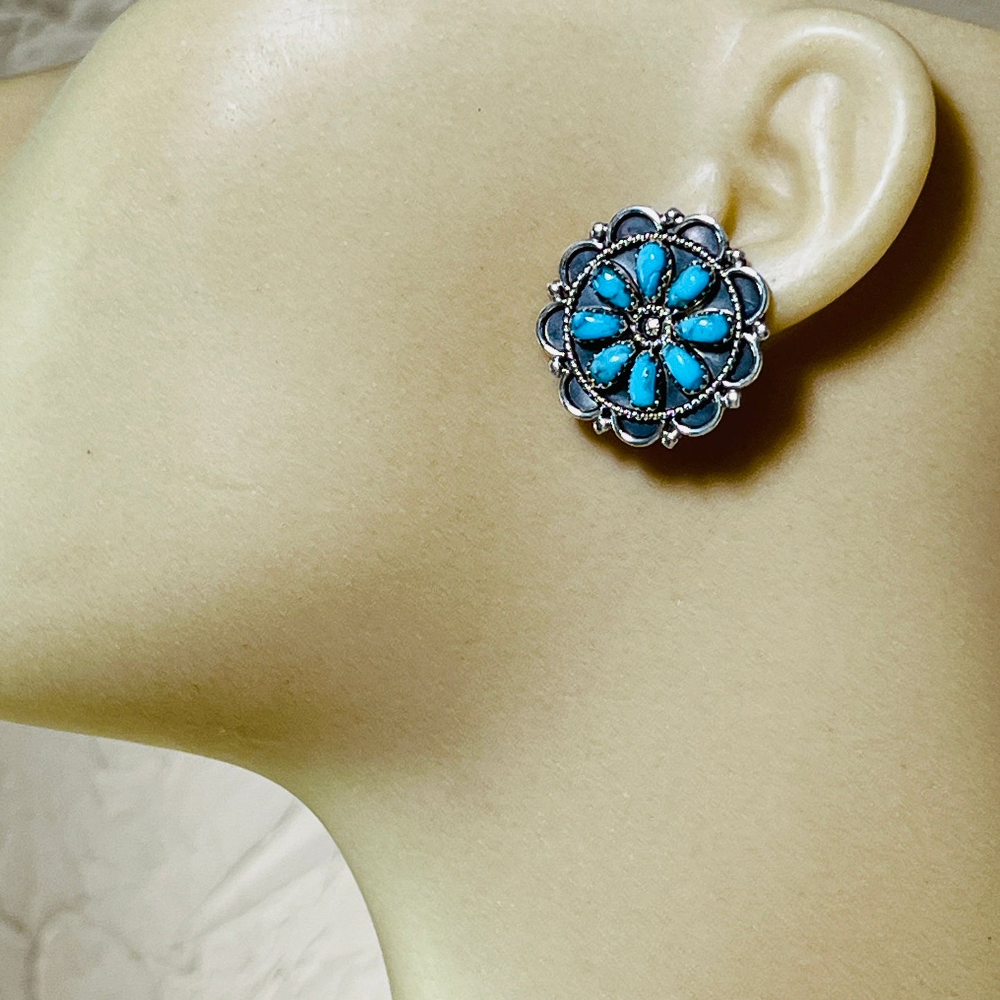 Turquoise Petit Point Round Cluster Earrings Gerald Mitchell signed Sterling silver ER1