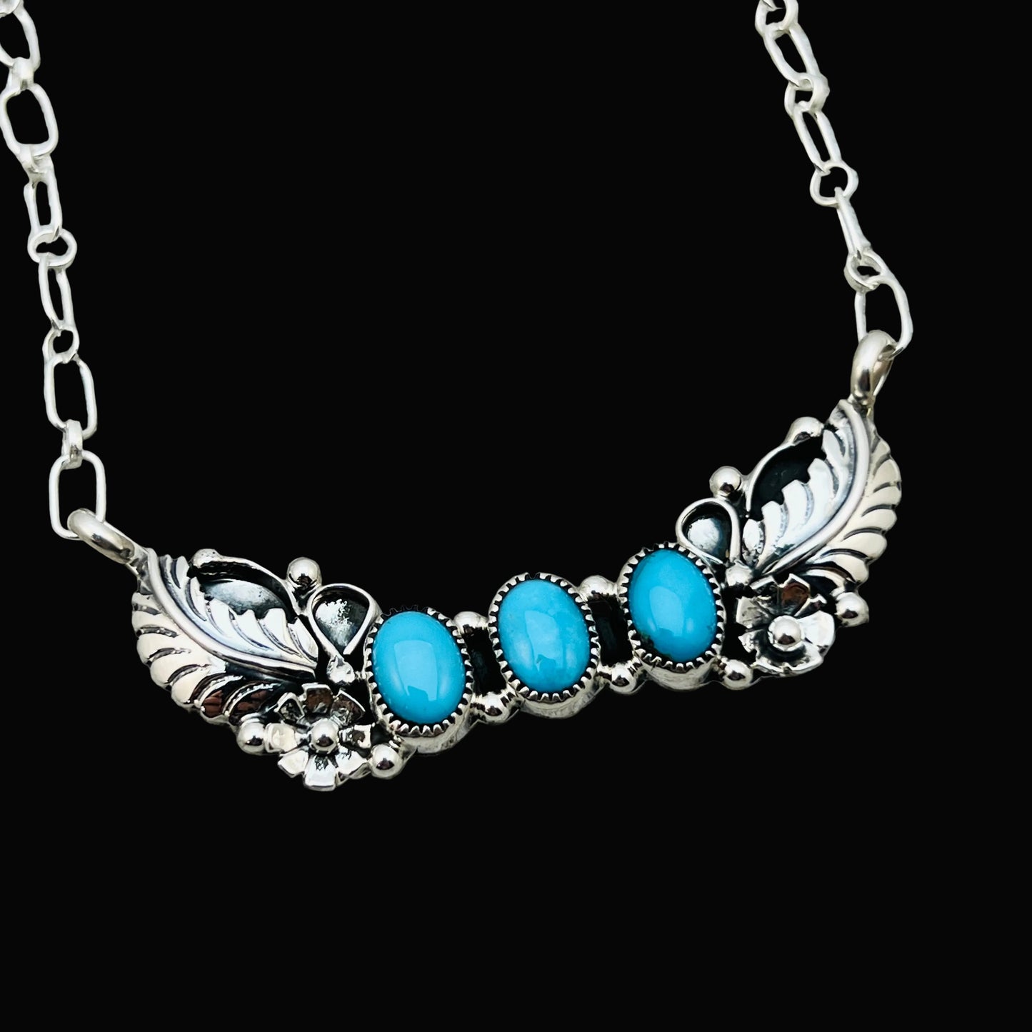 19" adjustable Blue Campitos 3 stone floral bar necklace Sterling Silver NK26