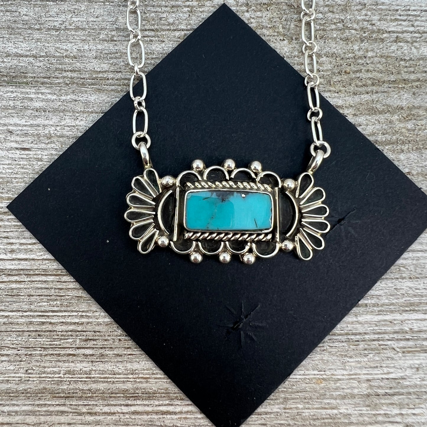 Blue Kingman turquoise rectangle bar 19" necklace #1, Navajo handmade, sterling silver signed Jimison Belin
