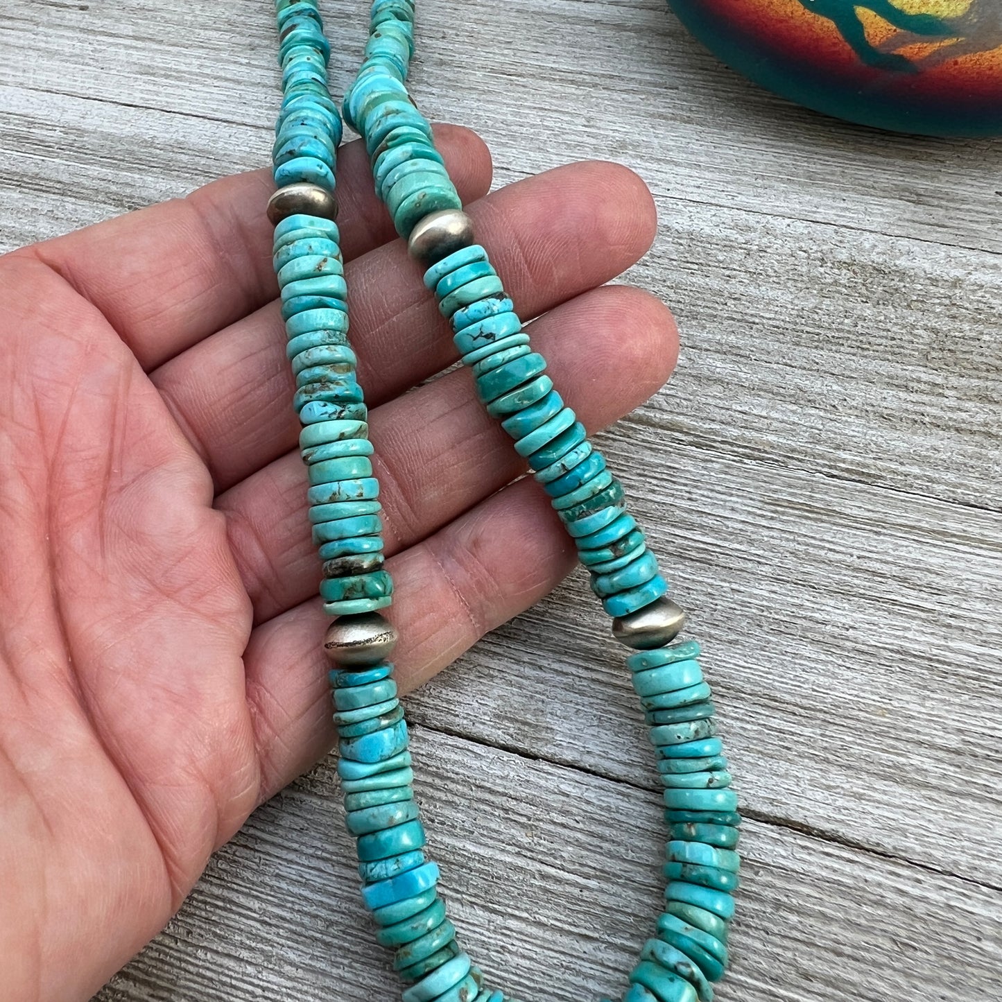 18 1/2" turquoise bead necklace with sterling silver handmade Navajo pearl beads