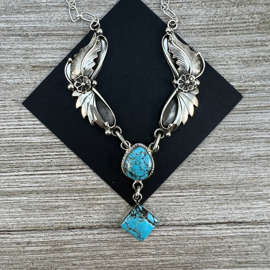 20" Floral leaf work necklace #3, Blue Kingman Turquoise, sterling silver, Navajo handmade by Sarah Yazzie