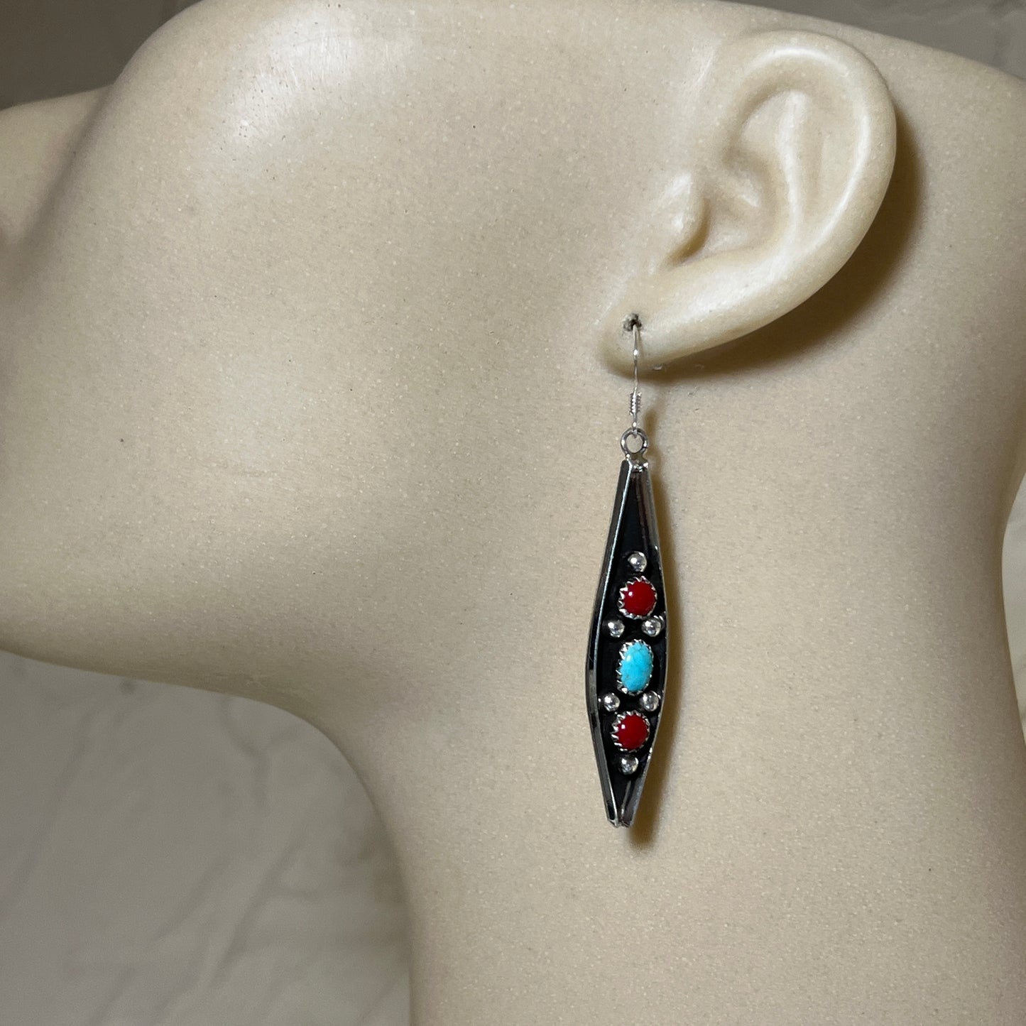 Long slender Turquoise Red Coral Earrings Navajo handmade by Paul Largo sterling silver 663