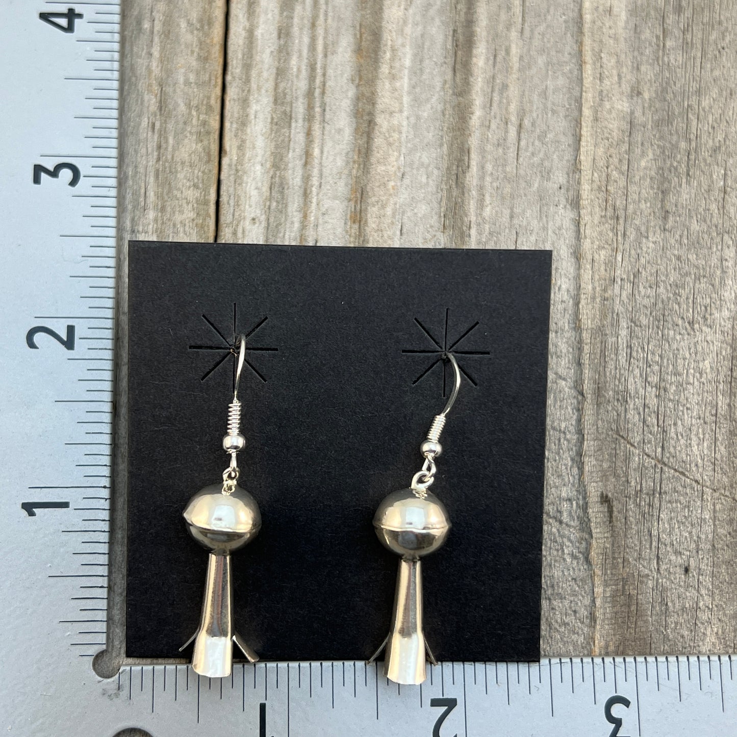 Small lightweight all silver squash blossom dangle earrings Sterling silver Emily Tsosie 658