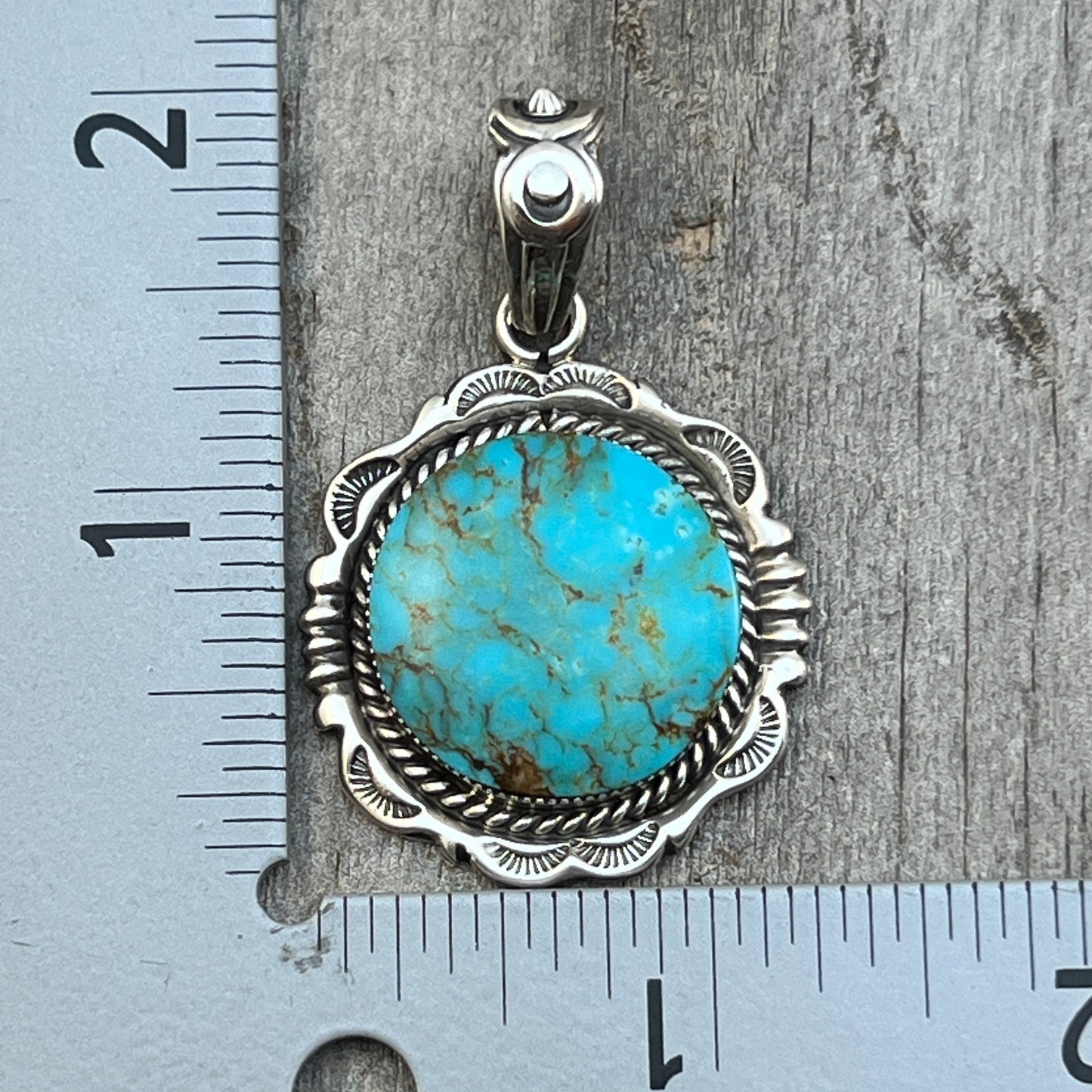 Kingman Turquoise Pendant Sterling silver Navajo handmade Jeremy Delgarito 556
