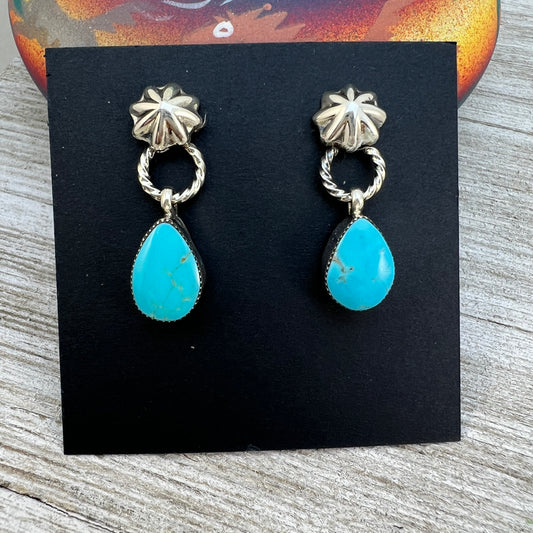 Turquoise teardrop dangle earrings #5, with small concho button post, sterling silver, Kingman Turquoise, Navajo handmade by Sheena Jack