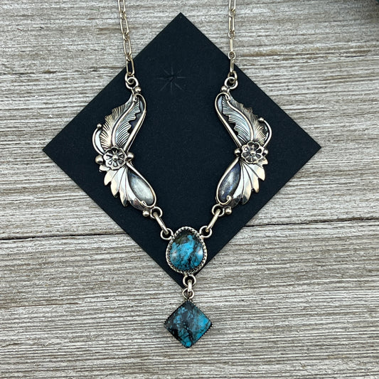 Floral leaf work necklace with Smokey Kingman Turquoise, sterling silver, Navajo handmade by Sarah Yazzie