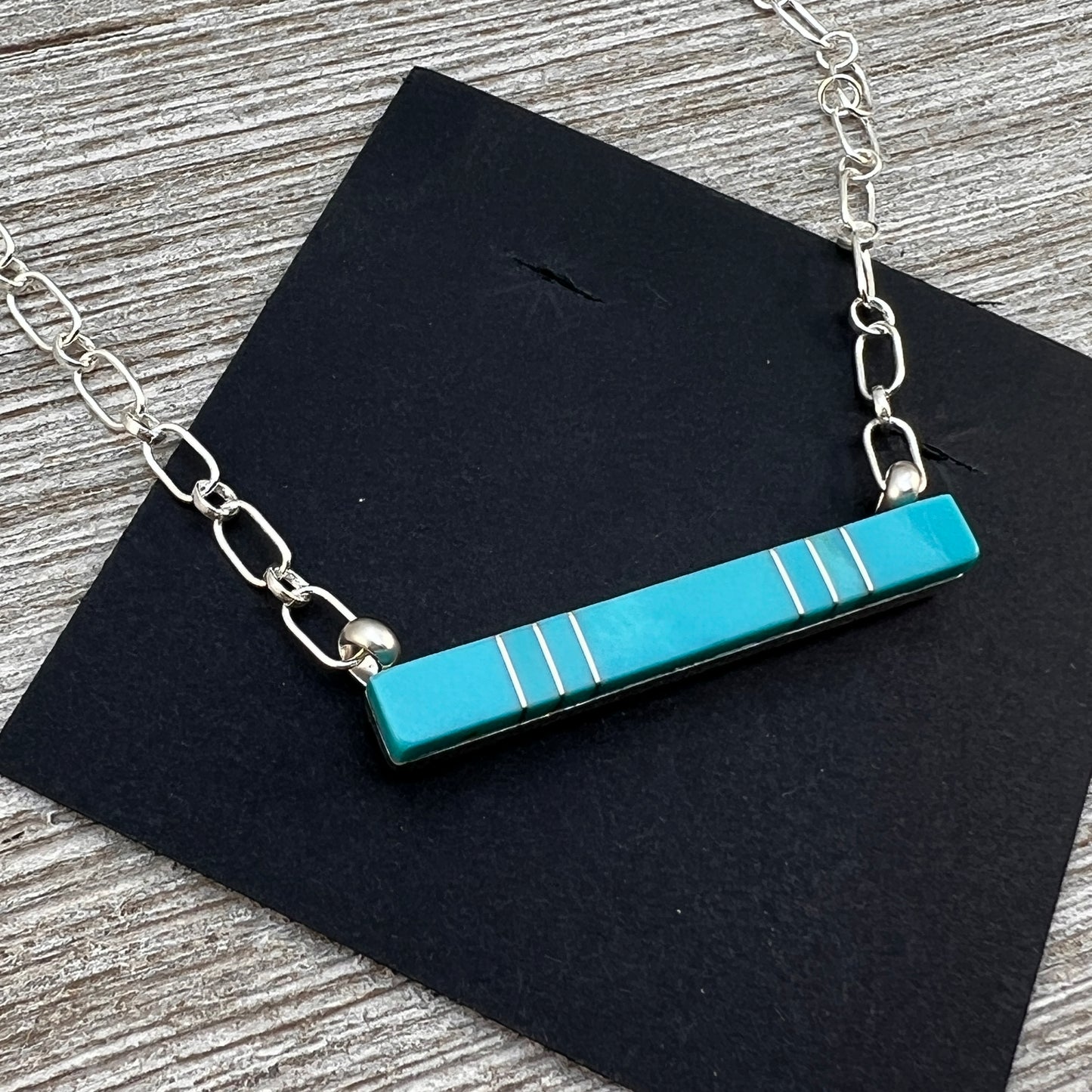 Blue Kingman Turquoise Bar Necklace 2, Zuni MaDerral Kallestewa sterling silver 18 1/2"