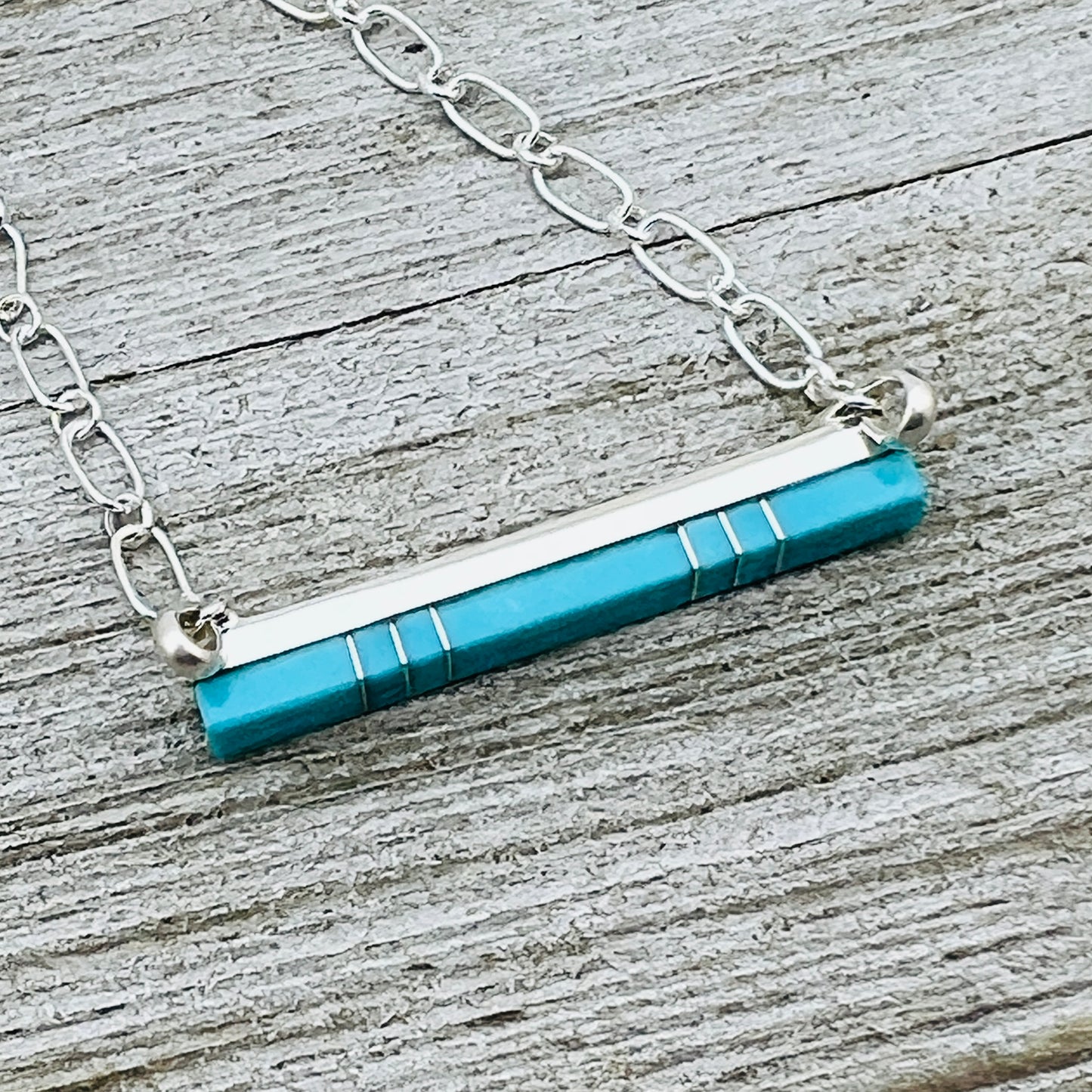 18" Turquoise inlay skinny bar necklace Zuni handmade MaDerral Kallestewa