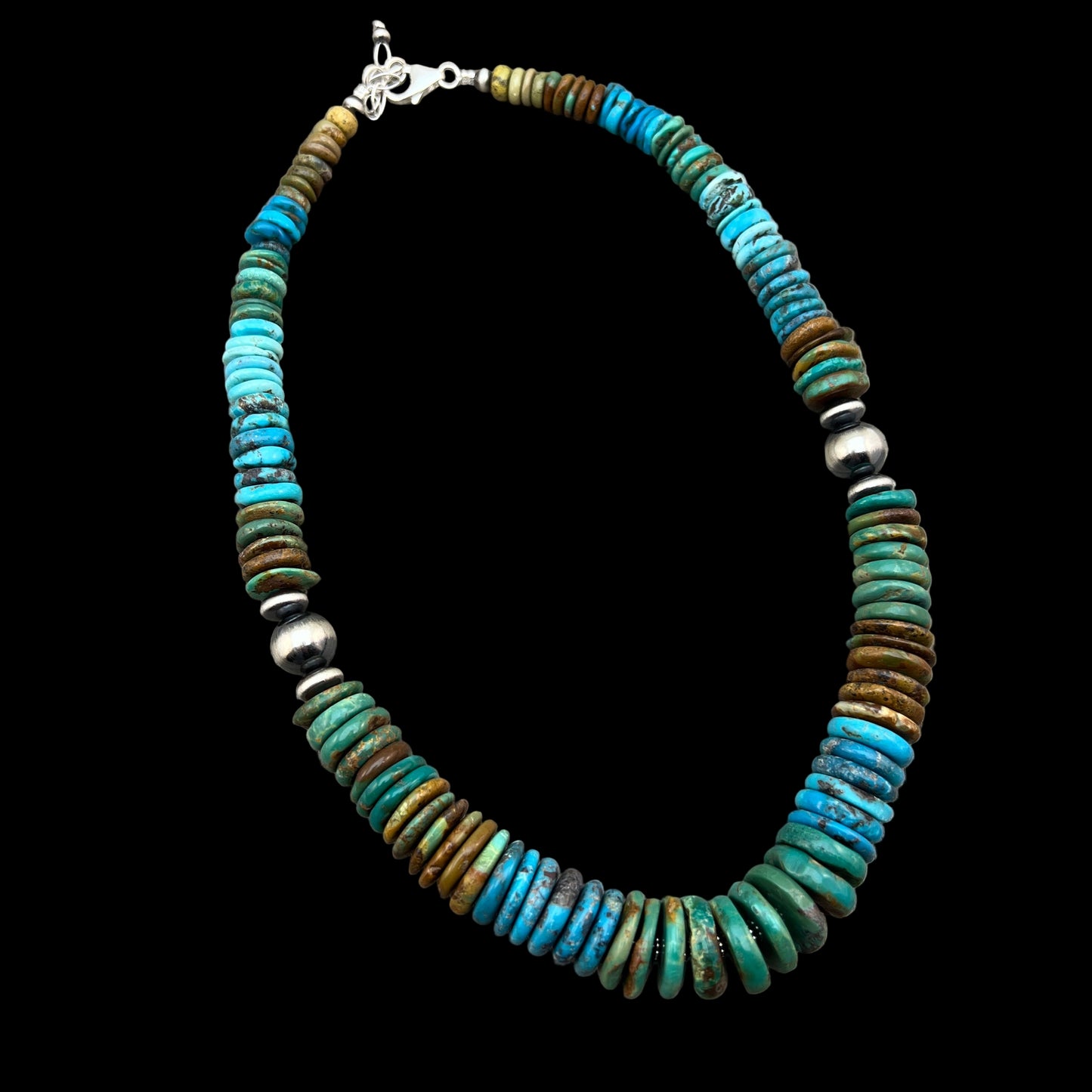 19 1/2" Turquoise Disc Necklace Choker Sterling Silver Beads, boho choker 640