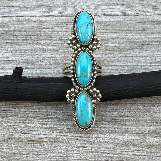 Size 8 Blue Campitos turquoise sterling silver long pointer ring Harold Becenti 489