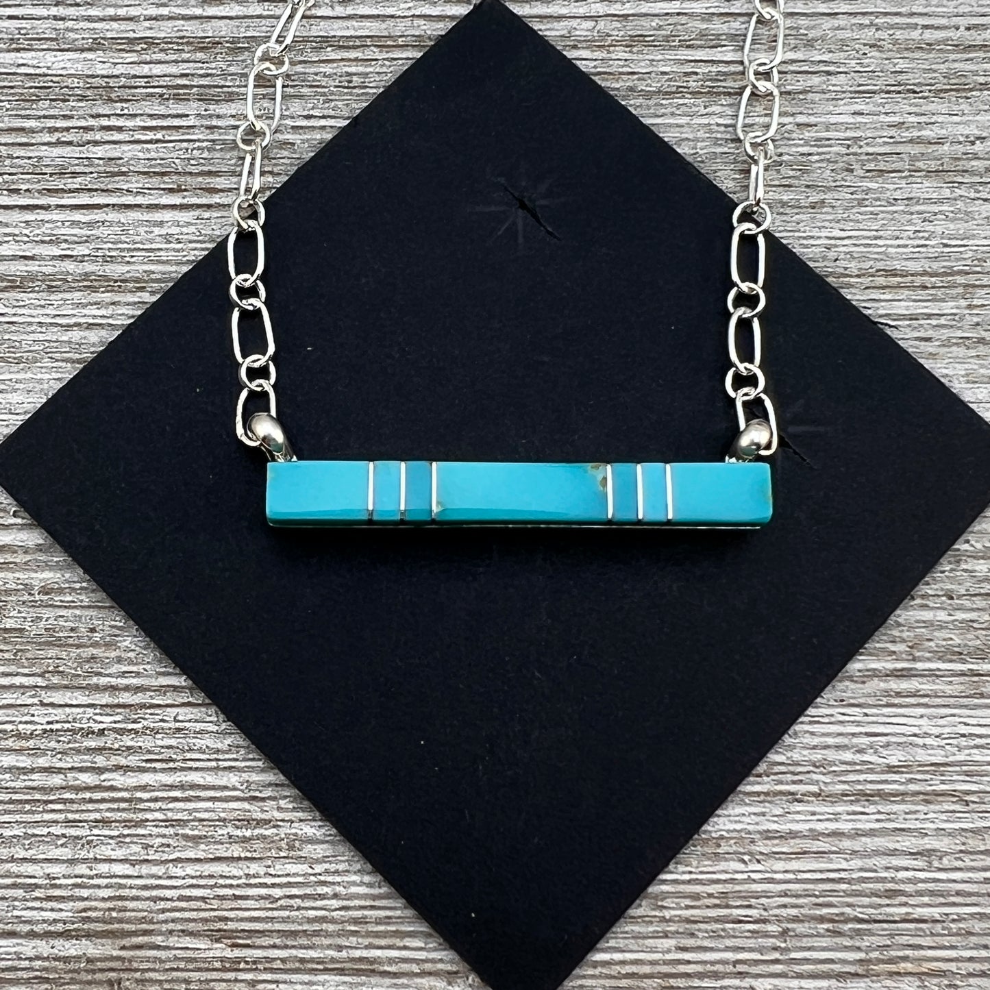 Blue Kingman Turquoise Bar Necklace 3, Zuni MaDerral Kallestewa sterling silver 18 1/2"