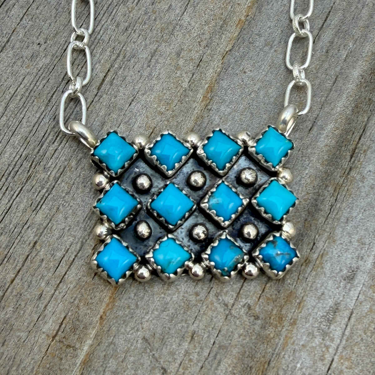 18 1/2" Turquoise Square Station Necklace Navajo Sterling Silver Verley Betone 2