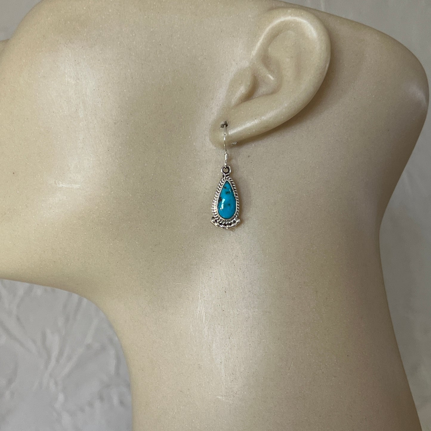 Small Dainty teardrop turquoise dangle earrings #2, sterling silver, Navajo handmade, Sharon McCarthy