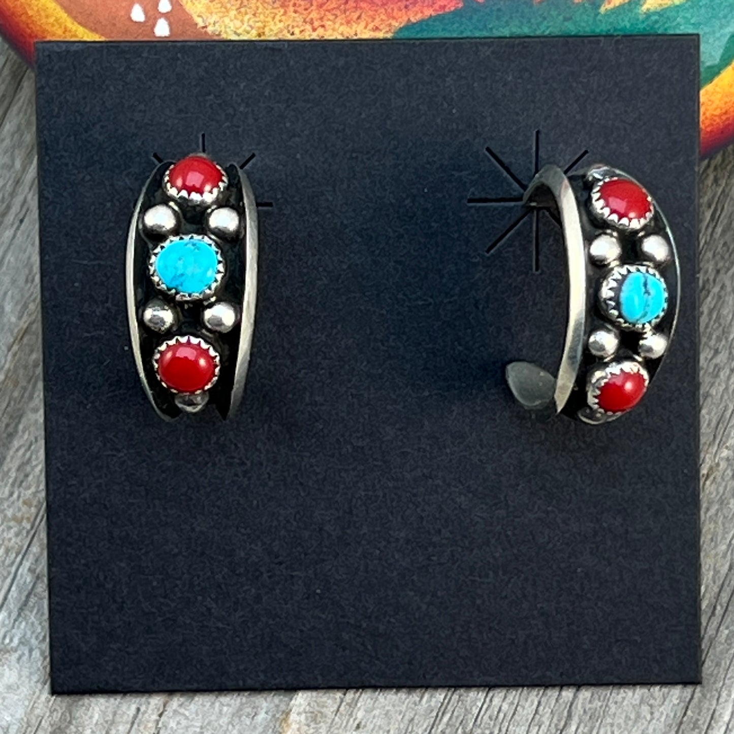 7/8" Turquoise Red Coral Hoop Earrings Navajo handmade by Paul Largo sterling silver 645