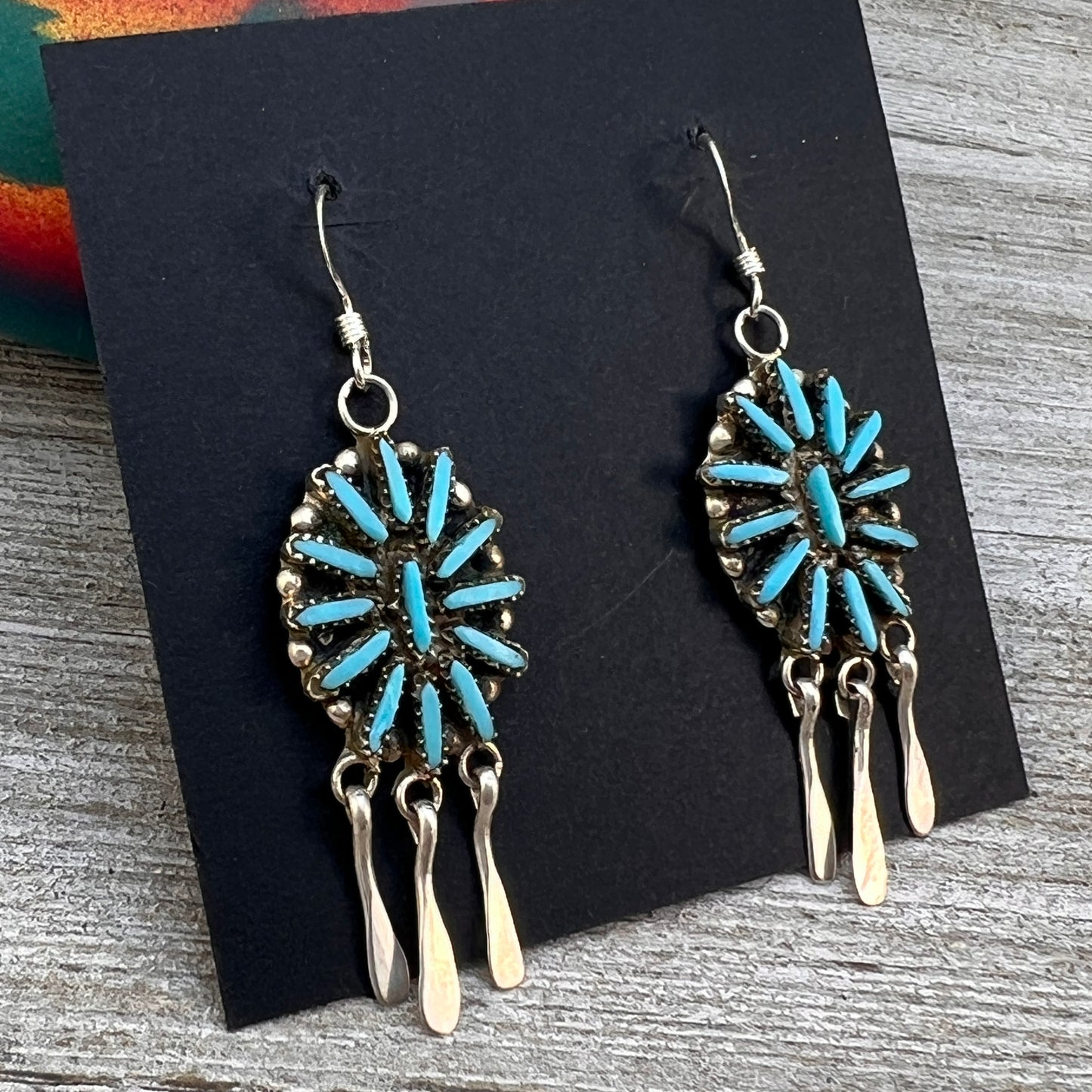 Zuni Turquoise Needlepoint cluster dangle earrings, George Pelina sterling silver