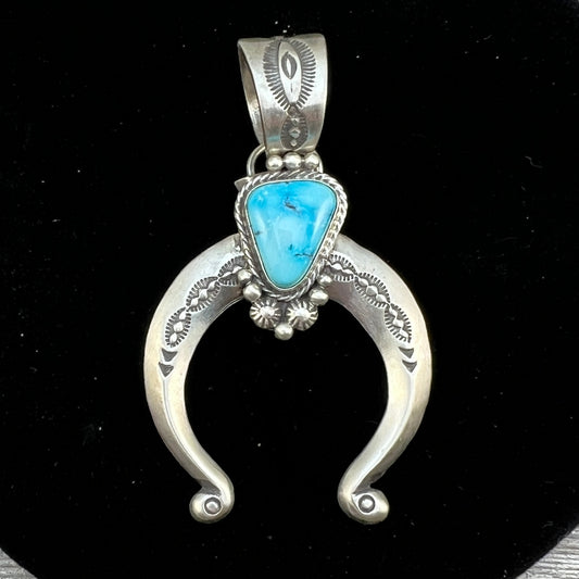 Blue Kingman Turquoise Naja Pendant #2, Navajo Samuel Yellowhair Sterling Silver