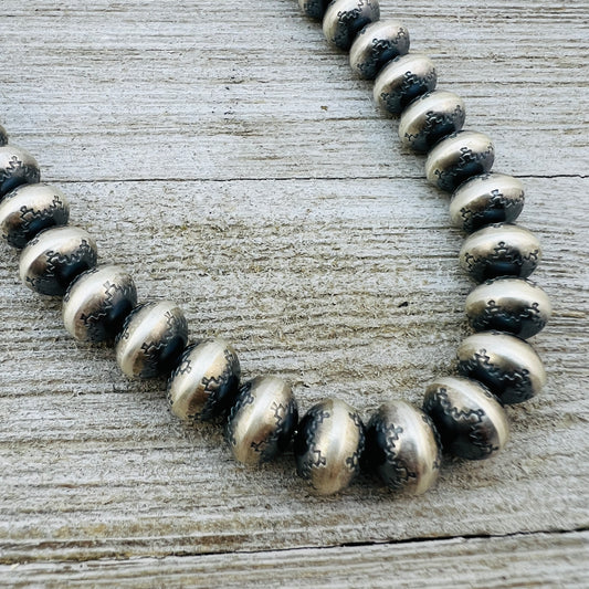 20" Sterling silver Navajo handmade 10mm stamped bead Pearl necklace Bryannen Halwood 712