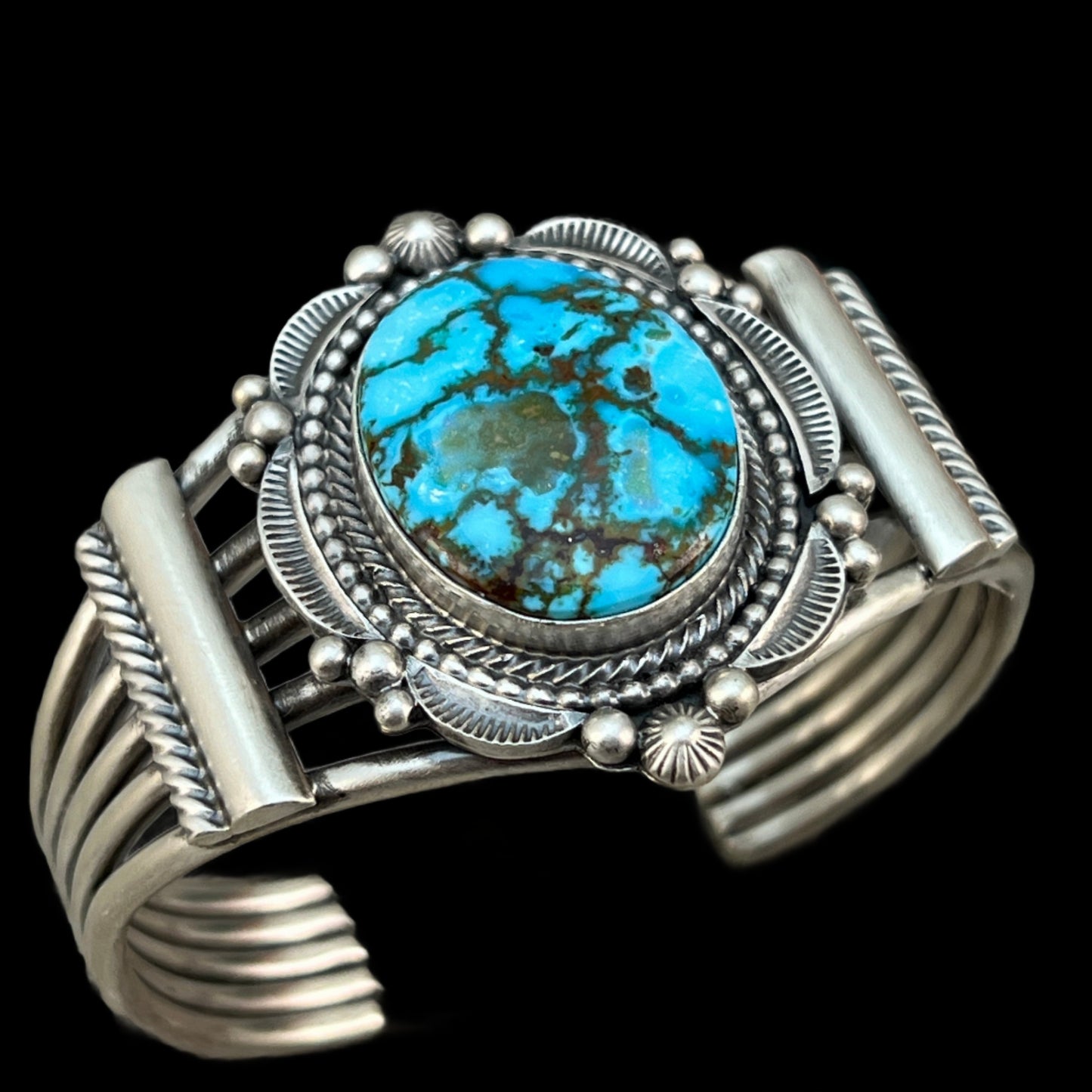 6 1/2" - 6 7/8", Kingman spiderweb turquoise, cuff bracelet #3, Navajo handmade signed, Tom Lewis sterling silver, statement