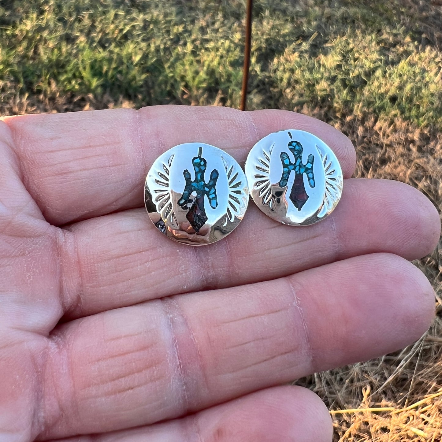Turquoise Chip inlay Peyote bird small concho earrings Sterling silver Sally Shurley 439