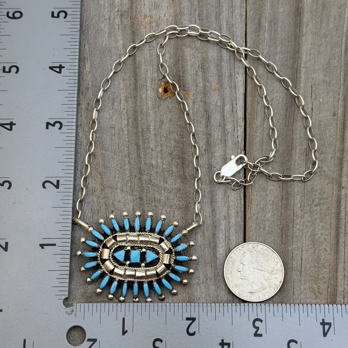 Turquoise Needlepoint cluster medallion necklace Evonne Hustito Zuni Sterling Silver