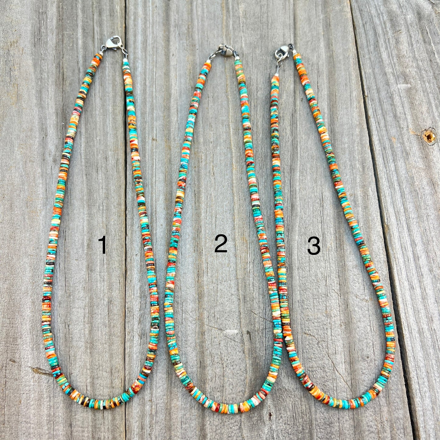 17", 4mm heishi necklace choker, turquoise red orange spiny oyster shell boho necklace
