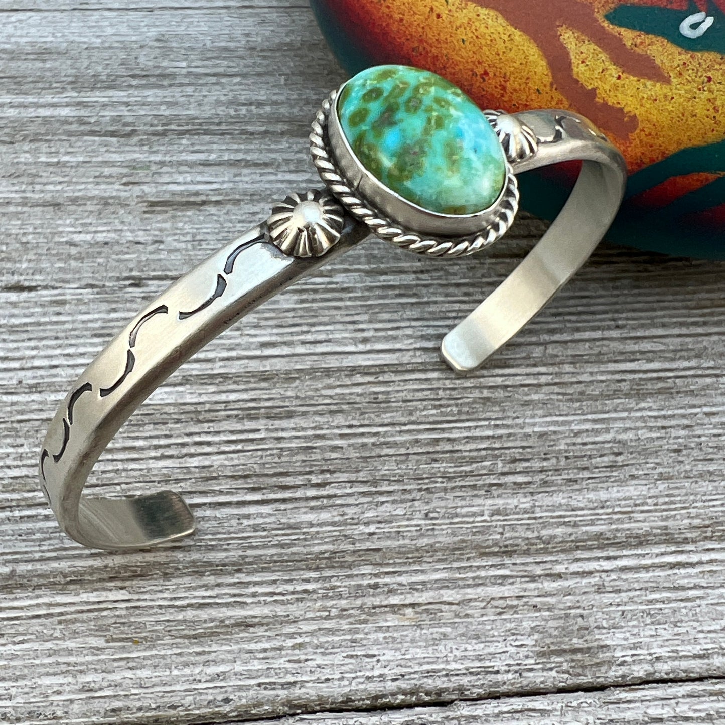 6 1/2" Green Sonoran Turquoise stacker Cuff bracelet 5, Sterling Silver Samuel Yellowhair BOHO